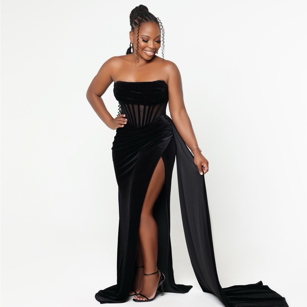 Black Ruched Cowl Neck Gown